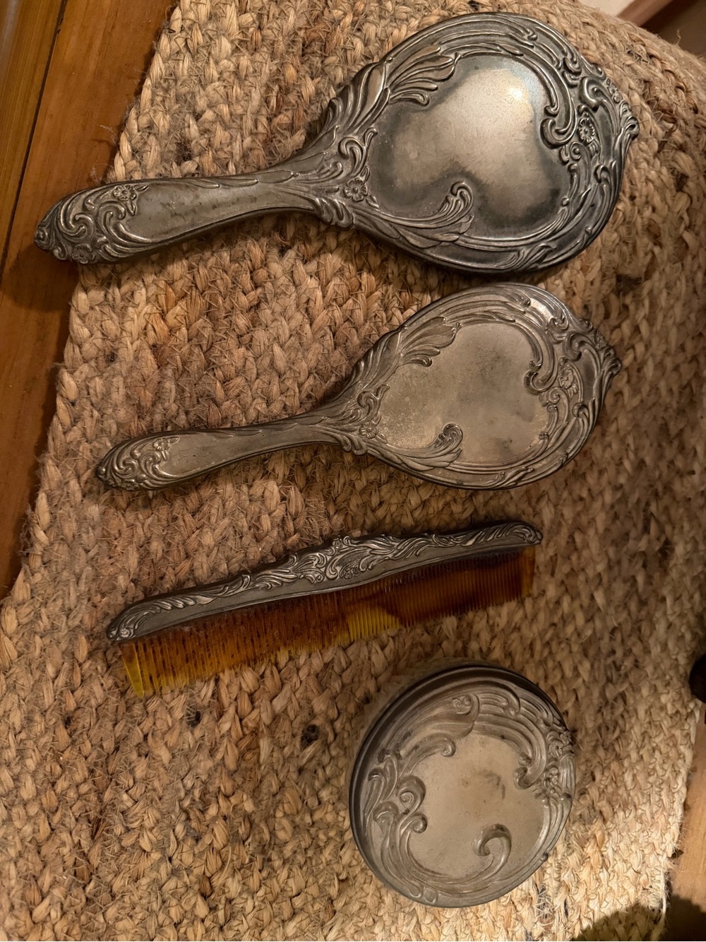 Antique Ornate Silver-Tone Vanity Set - Mirror, Brush, Comb & Powder Jar